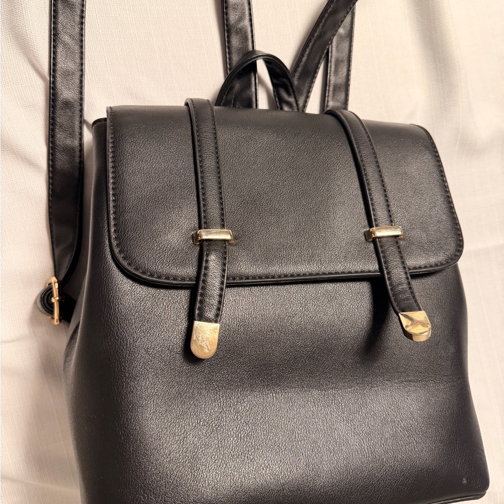 Classic Black Faux Leather Backpack with Gold Accents